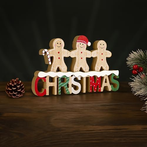 Marco Paul Wooden Gingerbread Man Christmas Sign – 23 cm Free-Standing Wooden Plaque – Festive Xmas Decoration with Gingerbread Figures for Table, Mantel & Home Décor Display