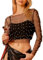 LYSINK Women Sheer Mesh Pearl Top Sexy See Through Slim Fit Crop Top Long Sleeve Crew Neck Cover Up Party Clubwear (A-a-Black, S)