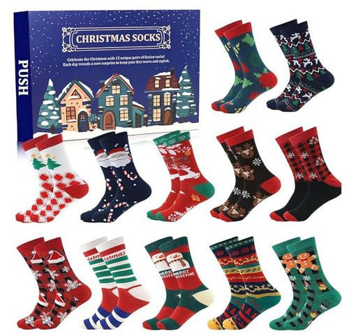Weihnachtssocken-Adventskalender für Männer, 2024 Weihnachts-Adventskalender, festlicher Countdown-Kalender mit lustigen und bunten Weihnachtssocken, weißer Elefanten-Geschenk