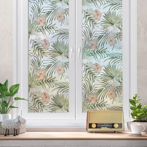 Milchglasfolie Tropisches Grün Weiß Fensterfolie Selbstklebend Milchglasfolie Fenster Bad Fenster Sichtschutzfolie Fensterfolie Blickdicht Folie für Fenster Folie Fenster Sichtschutz 40x120cm/1 Pcs