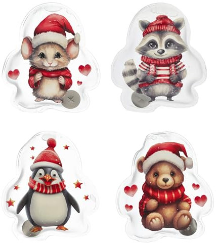 4 x Taschenwärmer Weihnachtstiere - Waschbar Pinguin Maus Bär - Taschenheizkissen - Wärmekissen Tiere (4 x Tiere)