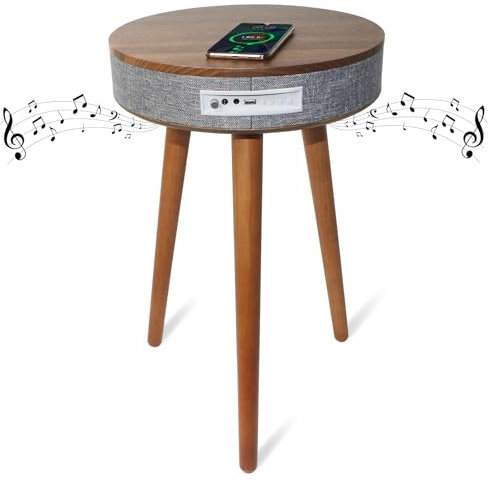 FinityPro Smart End Table with Bluetooth Speaker, Smart Coffee Table with Wireless Charger, Smart Table with USB Charging Ports, Round Side Table for Bedroom, Living Room, Office