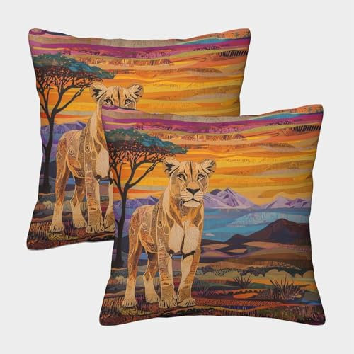 kaiyun African Löwin Kissenbezug 50x50cm 2er-Pack Kissenbezug Afrikanische Stammesmuster Muster Bedruckter Kissenbezug,Dekokissen Sofakissen Wohnzimmer Schlafzimmer Garten