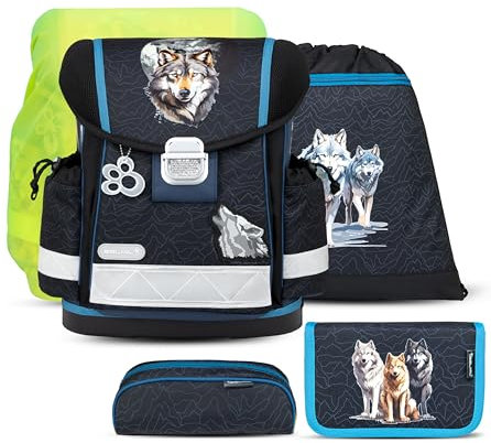 Belmil Schulranzen Set 403-13/AG/S/R 5 - teilig ergonomischer Schulranzen Set mit Regenschutz 1. klasse 2. klasse 3. klasse - Super Leicht 930-990 g/Grundschule (Wolves Pack)