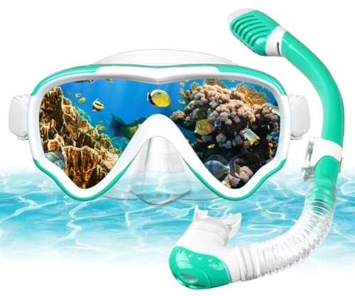 AOOSA Set da Snorkeling con Boccaglio e Occhiali da Immersione， Unisex Bambini Anti-Fog Diving Mask, Diving Mask with Large Lenses, per Snorkeling, Diving, Apnea, Nuoto, Unisex, Verde