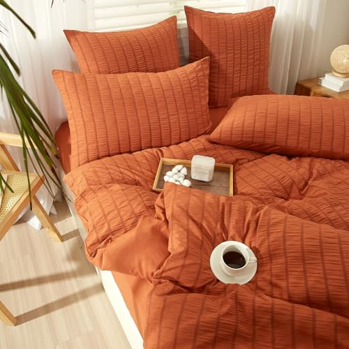 YASMENG Seersucker Bettwäsche 220x240 Orange Gestreift Sommer | Bettwäsche Seersucker Weich Atmungsaktiv Mikrofaser Bettbezug Set 3 Teilig mit Reißverschluss und 2 Kissenbezüge 80x80 cm