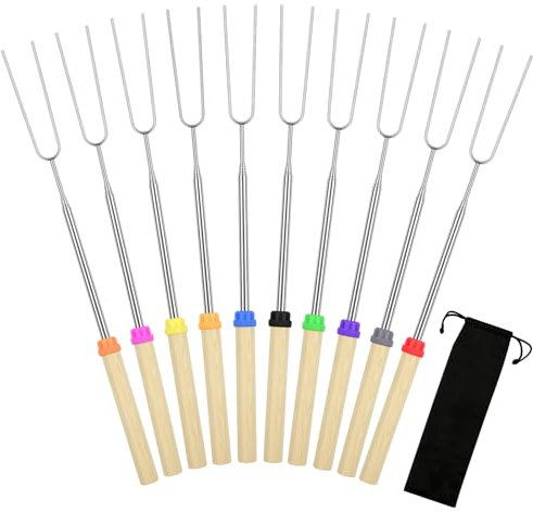 Confezione da 10 bastoncini per smores, 81 cm, bastoncini per arrostire marshmallow, per braciere, spiedini estensibili con borsa, forchetta per hot dog, kit per smores per falò da campeggio