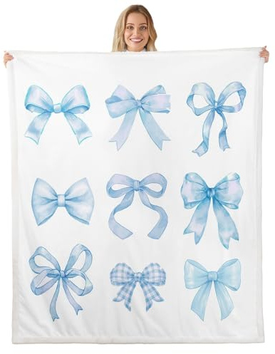 Loussiesd Hellblau Schleifen Decke 150x200cm Dreamy Prinzessin Stil Wohndecke Mädchen Kinder Kawaii Bownot Flanell Fleecedecke