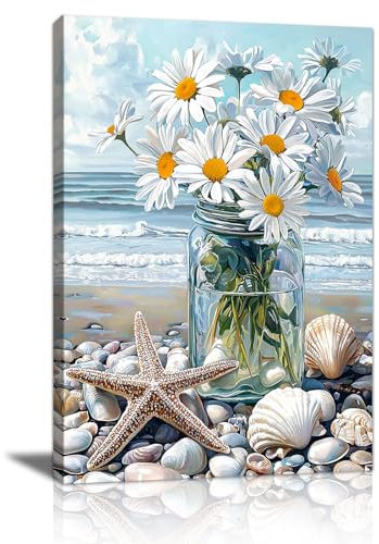 Plage Fleurs Blanches Dans le Vase Tableau Décoration Murale Salon Impression sur Toile Elégant Bleu Côte Paysage Image sur Toile Abstraite Peintures sur Toile Décor Murale pour Chambre Maison 30x40cm