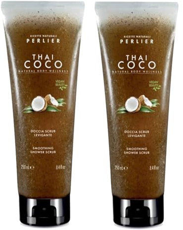 Perlier Thai Coco Doccia Scrub Levigante – Con Granuli Naturali di Cocco – Detergente Esfoliante Corpo per Pelle Morbida e Luminosa – Flacone da 250 ml (2 Unità)