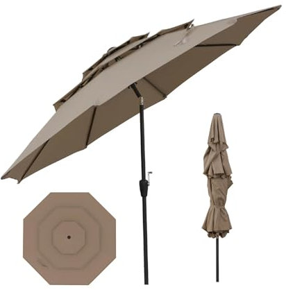KOMFOTTEU Ombrellone da Giardino φ3 m, Angolo Regolabile a 45°, Ombrellone Parasole Reclinabile a 3 Livelli con 8 Osse, Protezione Solare, per Terrazza, Balcone, Altezza 246 cm (Marrone)