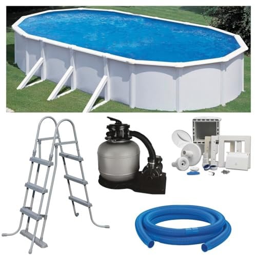 Planet Pool Premium Ovalpool-Set 5,35 x 3,00 x 1,20 m, frei aufstellbar, feuerverzinkte Stahlwand, UV-stabilisierte Innenhülle, Skimmer, Sandfilter mit 4 m³/h und 6-Wege-Ventil, Sicherheitsleiter