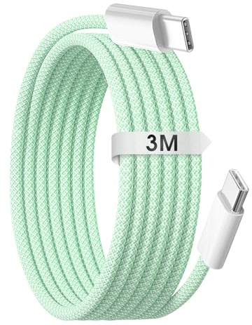 Cable USB C para iPhone 15 16, 3M 60W Cargador Rápido Tipo C a C Cable de Carga Trenzado USB C Cable Para 15/15 Plus/15 Pro Max/16/16 Pro Max/iPad Pro Air Samsung Galaxy Google Pixel Xiaomi Verde