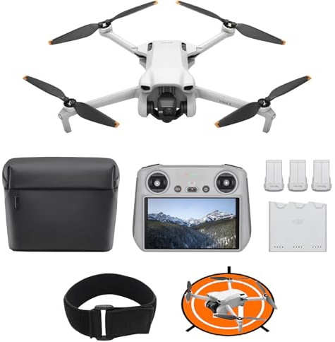 DJI Mini 3 Fly More Combo (DJI RC) – Leichte und faltbare Mini-Kameradrohne mit 4K HDR-Video, 3 Batterien für 114 Minuten Flugzeit, C0 (Landeplatz + Gummiband)