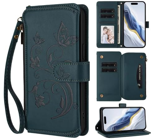 Handyhülle für Sony Xperia 5 V, Prägung Schmetterling Reißverschluss Wallet Book Case Hülle Premium PU Leder Schutzhülle Klapphülle Magnetverschluss Kartenfach Standfunktion Grün