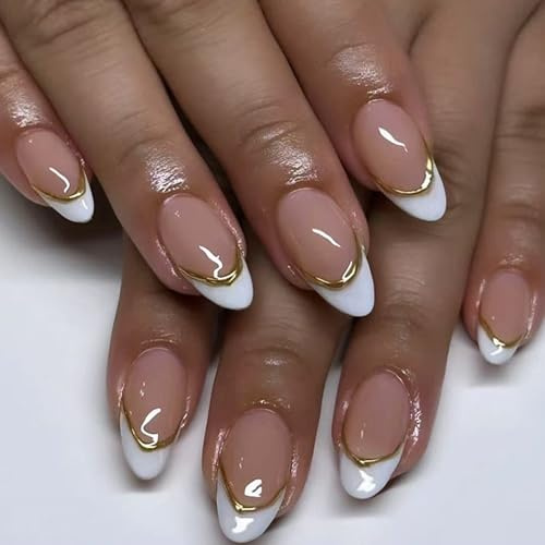 24PCS Almond Press on Nails, Gold Edge White French False Nail, Glossy Full Cover Stick On Nails for Women, Reusable Nail Art (Gold Edge White)