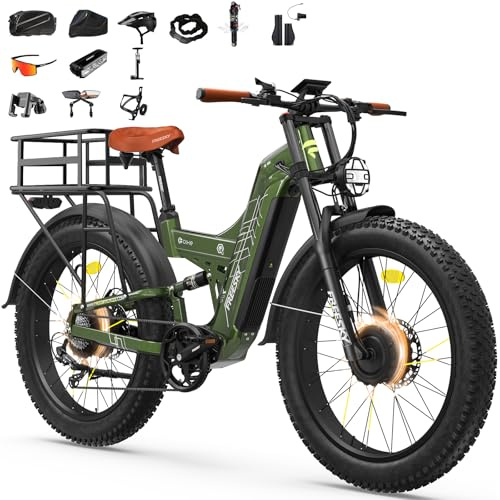 FREESKY Dual Motor Electric Bike for Adults, 48V 30Ah Battery 190KM Long Range AWD Mountain E-Bike, 26 Fat tyre Full Suspension Off-road Electric Bicycle with Dual Hydraulic Disc Brake, Ultimate Kit