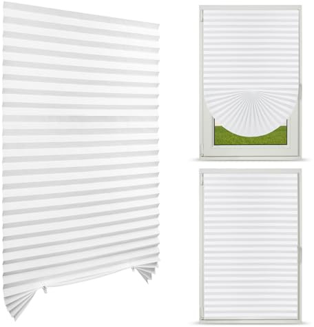NUTKIT 60x150cm Tenda Plissettata Senza Foratura, Tende Oscuranti Adesive | in Tessuto non Tessuto, 50% Veneziane da Interno, per l'uso, Protezione Solare, Parti per Il Montaggio Incluse - Bianco