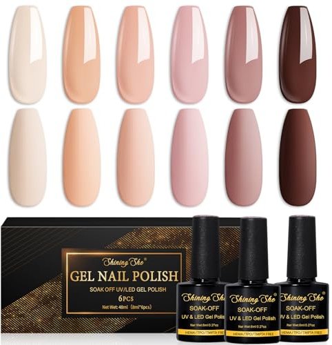 Shining She Gel Nail Polish Beige, 6 Colors Light beige Apricot Nude Light pink Mauve Dark brown Soak-Off UV Nail Polish Spring Summer for Beginners Manicure Salon DIY at Home, 8ML
