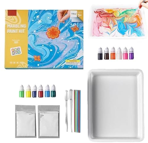 Kit de peinture créative marbrée à l'eau - 11,42 pouces - 12 couleurs acryliques - Avec accessoires pour motifs marbrés sur chaussures, tasses, vêtements - Idéal comme jouet éducatif créatif