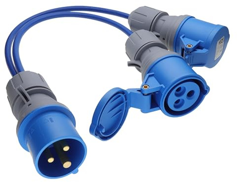 Kenable Caravan Site Power Splitter Cable, 240V 16A CEE Plug to Dual 3 Pin Sockets, IP44 Splashproof Electric Hook Up Lead for Camping & Motorhomes 0.5m
