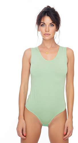 Evoni Damenbody Größen | Damen Overall Bodysuit mit Rundhals | breite Träger | Verschluß-Haken | Unterzieh-Body mit optimaler Passform | sportlicher Damen-Body, Grün, L