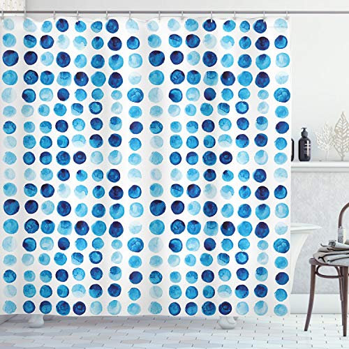 ABAKUHAUS Aquarell Duschvorhang, Hand gezeichnete Kreise Zellen, Stoffliches Gewebe Badezimmerdekorationsset mit Haken, 175 x 180 cm, Blau Hellblau