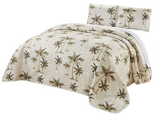 Grand Linen 3-teiliges Bettwäsche-Set in Übergröße (298 x 239 cm), Motiv: tropische Palme, King-Size-Größe, wendbar, Tagesdecke, Bettüberwurf (Beige, Salbeigrün, Braun)