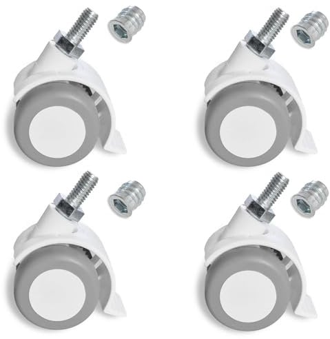 Sämann 4er Set Möbelrolle weiß Gummirolle Lenkrolle Laufrolle Hartbodenrolle Drehstuhl mit Gewindeschraube M8 und Gewindehülse M8 x 15 mm