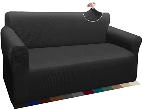 Granbest Thick Sofabezug Stylish Pattern Sofaüberzug für Sofa Stretch Elastische Jacquard Sofahusse Couchhusse mit Armlehne für Wohnzimmer Anti-Rutsch(2 Sitzer, Schwarz)