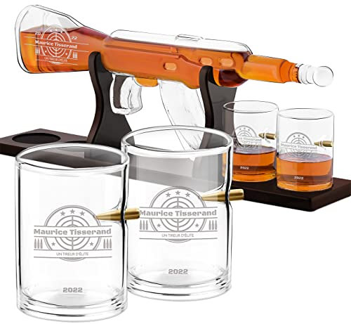 Maverton Décanteur gravé avec 4 verres à Whisky, 800 ml Fusil Carafe, Cadeau pour chaque homme - avec personnalisation - tireur