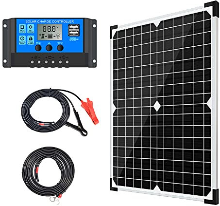 Apowery Kit pannello solare monocristallino da 12 V, supporto batteria + regolatore di carica solare 10 A + cavo di prolunga con clip per batteria terminale ad O-ring per camper