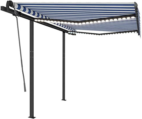 vidaXL Toldo Manual Retráctil con Luz LED, Sombrilla Plegable, Toldo Resistente al Agua Rayos UV, Toldo para Balcón Jardín Terraza, Azul y Blanco