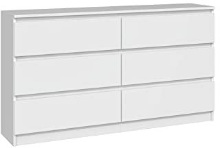 ADGO M6-140 MALWA Moderne Kommode mit 6 Schubladen L 138 x B 40 x H 77 cm Schlafzimmer Wohnzimmer Halle (Versand in 2 Paketen) (White Matt)