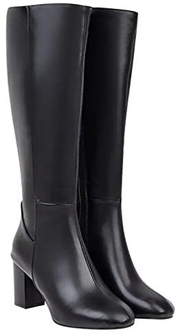 Hotberry Damen Stiefeletten Warme Lange Stiefel Hohe Boots Elegante Sexy Runde Zehe Plattformen High Heel Frauen Herbst Winter Reißverschluss PU Lederstiefel Schuhe, Schwarz, (42 EU)