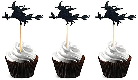 Arthsdite 24 Stück Hexen-Cupcake-Aufsätze, schwarz, glitzernd, Halloween-Party-Dekoration, Halloween-Cupcake-Picks, Geburtstagstorten-Dekoration.