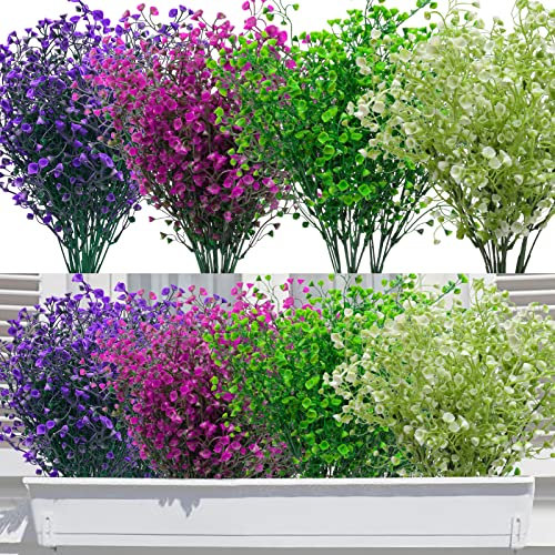 12 Ramos de Flores Artificiales Exterior Planta de Plastico Resistentes a los Rayos UV Arbustos Artificiales Decorativas Flor Falsa para Jarron, Jardinera, Balcon, Centro de Mesa (Multicolor)