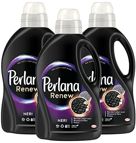 Perlana Renew Neri Detersivo Liquido per Tessuti Scuri con Repair Complex per Lavatrice e a Mano - 3 Flaconi da 1,44L
