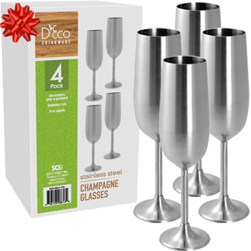 Unbreakable 8 Oz Stainless Steel Champagne Flutes (4 Pk)- Large Stemmed Matte Silver Champagne Glasses - Reusable Indoor Outdoor Drinkware - Keeps Drink Cool for Longer- Graduation & Mother's Day Gift