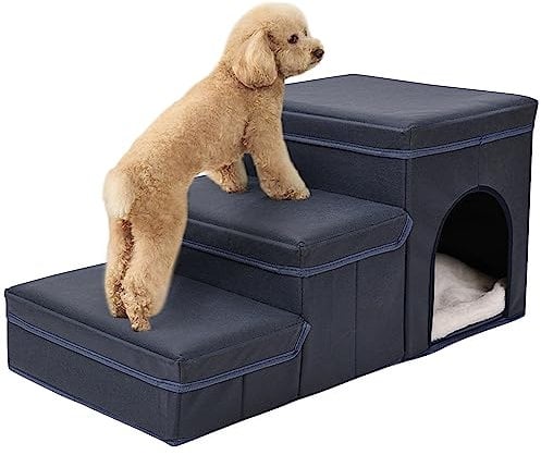 Hibtn Dog Steps For Bed,Non-Slip Dog Stairs With Bed& Sofa,Foldable 3 Steps Waterproof Stairs For Small Dogs And Cats,Pet Ramp Pet Ladder For Dogs Cats,Blue