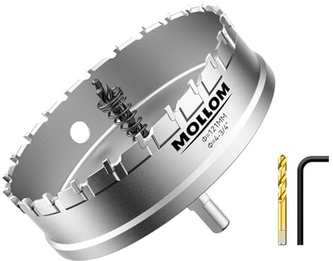 Mollom (121mm | 4-3/4) Scie cloche en carbure pour usage intensif avec 2 forets pilotes, coupe l'acier inoxydable, l'acier doux, le fer, le cuivre, le laiton et le plastique