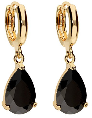 LÖB Damen Goldene Creolen Ohrringe Hängend Ohrhänger mit Zirkonia Stein Tropfen-Anhänger Gold Vergoldet Gelbgold Schwarz Tropfenform Tropfenohrringe