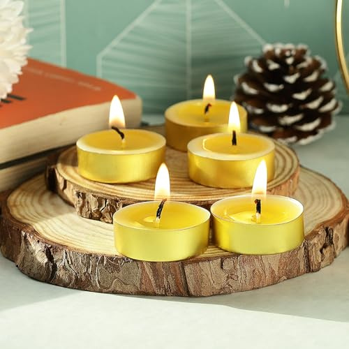 Welburn Veda&Co™ Ghee Teelichter – 100 Stück, bis zu 4 Stunden Brenndauer, reine Kuh-Ghee-Butter-Lampen-Kerzen-Set in schöner goldfarbener Tasse für Meditation, Zeremonien, Rituale, Altare, Diwali