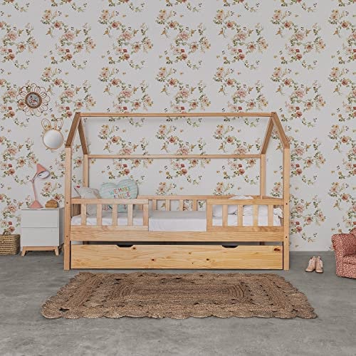 MUEMUE - Cama Infantil Montessori casita con barandilla Sawyer 90x190cm - MU0316-PI - Cama + Cama ELEVABLE 90 Pino