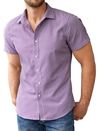 COOFANDY Short Sleeve Summer Shirts Men Non Iron Dress Shirts Stretch Formal Shirt Slim Fit Business Casual Shirt Iron Free Work Tops Purple-Plaid 3XL