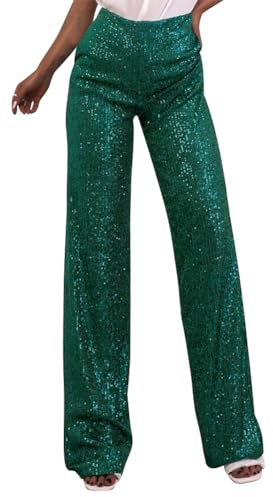 OBEEII Glitzer Hose Damen Pailettenhose Weites Bein Hose Elastische Taille Lose Fit Glitzerhosen Elegant Frauen Freizeithose Party Festival Club Mode Hosen Grün L