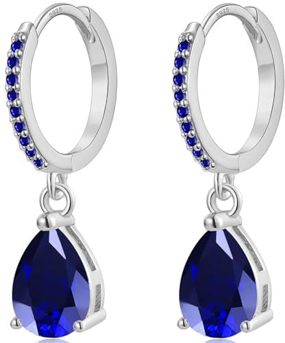 MASOP Creolen Silber 925 11mm mit Anhänger Blau AAA Zirkonia 9mm Silberohrringe Saphir Wassertropfen Stein Hängend Klein Schmuck Geschenke für Damen Freundin Frauen Mädchen