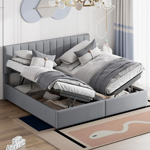 MQLAE Boxspringbett 180x200 cm, Polsterbett hydraulisches Stauraumbett, Bett mit Großer Stauraum und Verstellbares Kopfteil, Funktionsbett Bettrahmen für Familie, Leinen, Grau, ohne Matratze