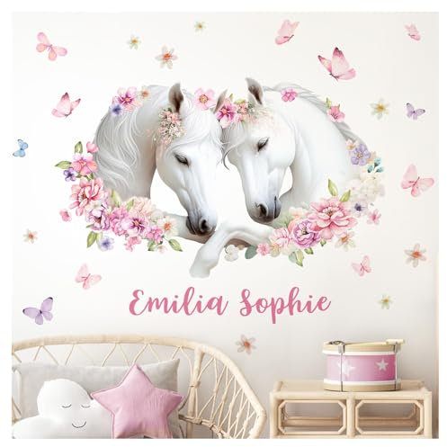 Little Deco Wandsticker Pferdekopf mit Blumen Wandtattoo personalisiert Pferde mit Namen Mädchen Wandaufkleber Kinderzimmer Babyzimmer Rosa Wanddeko DL5025-01