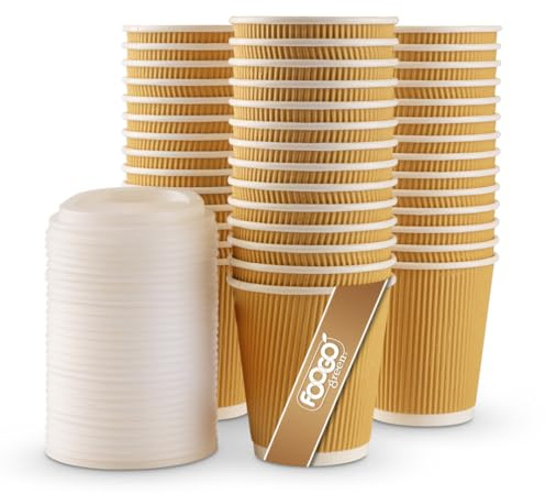 FOOGO Green 50pcs 10oz Triple-Wall Brown Paper Coffee Cups with Lids | FSC® Certified, Fully Compostable, for Hot Drinks, Takeaway And Parties